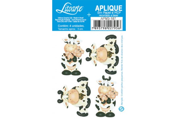 APLIQUE LITOARTE EM PAPEL E MDF COM 4 UNIDADE VACA